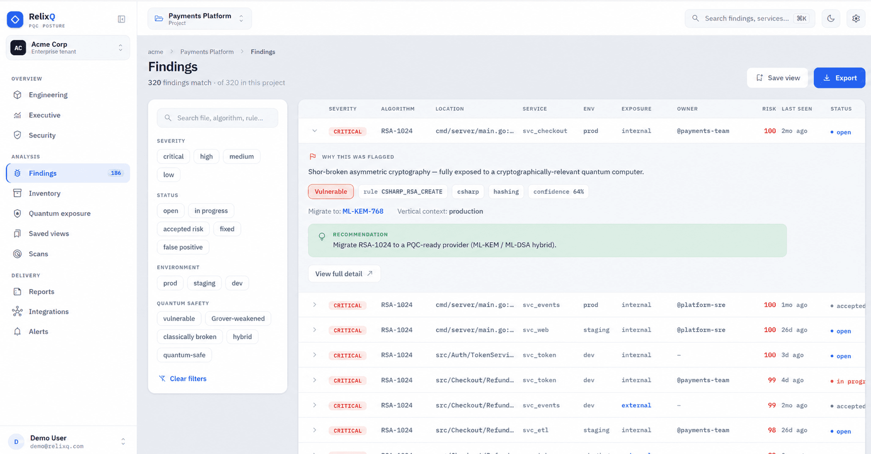 RelixQ findings workbench with evidence, owner, migration target, recommendation, and status.